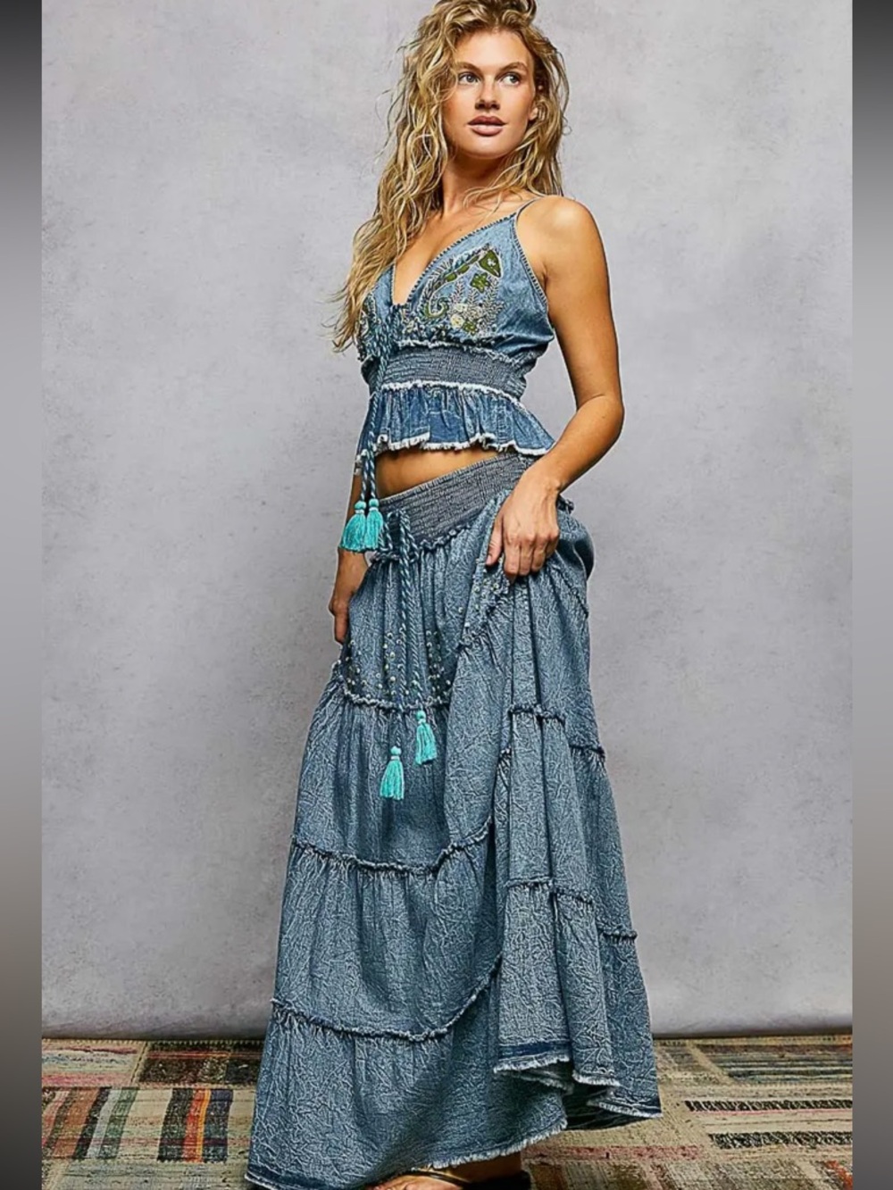 671. POL Embroidered bead tassel tiered denim maxi skirt - Picture 2 of 5